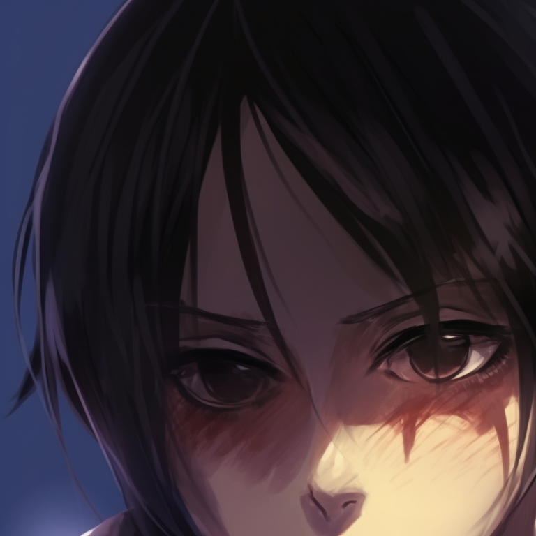 Eren and Mikasa in a haunting color palette, heavy on purples and blues. eren and mikasa matching pfp with a spooky twist pfp for discord.