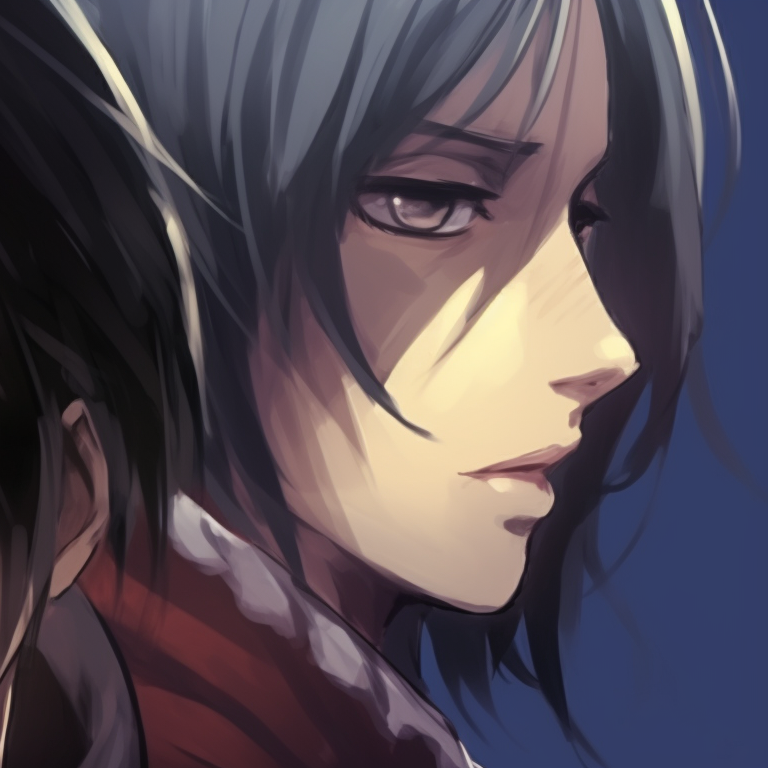 Eren and Mikasa in a haunting color palette, heavy on purples and blues. eren and mikasa matching pfp with a spooky twist pfp for discord.