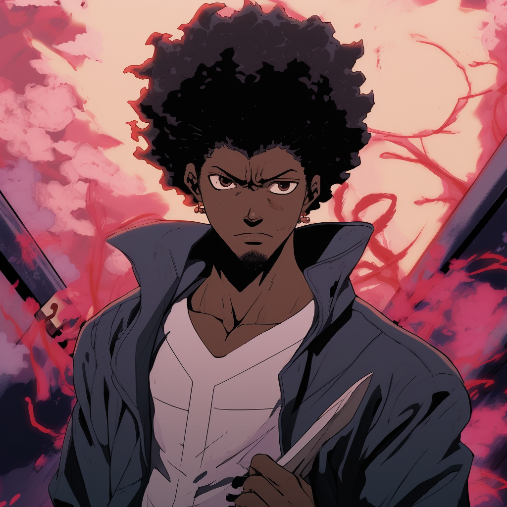 Afro Samurai with a stern expression, dynamic composition and bold outlines. influential best black anime characters pfp