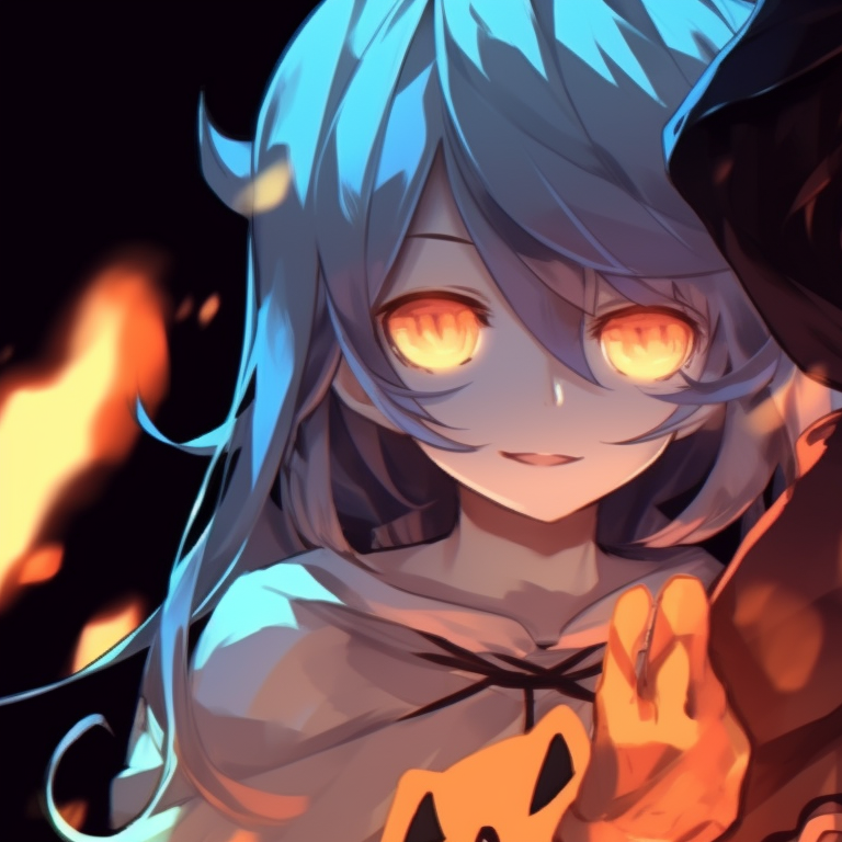 Two characters with cute devil horns, set against a haunted mansion backdrop. anime halloween matching pfp themes pfp for discord.