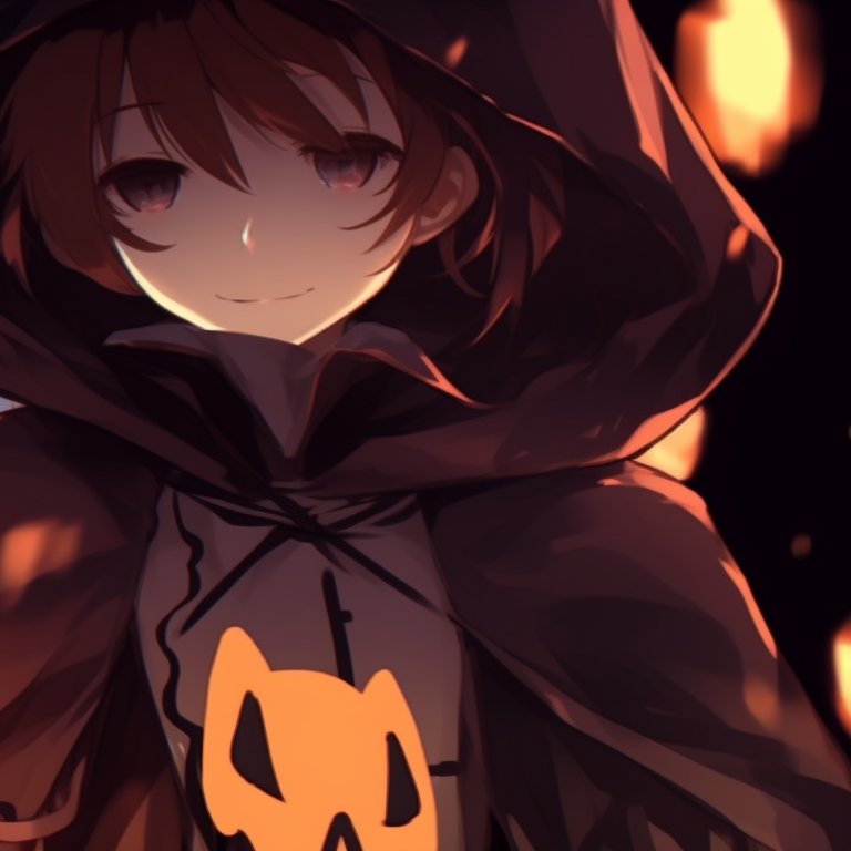 Two characters with cute devil horns, set against a haunted mansion backdrop. anime halloween matching pfp themes pfp for discord.