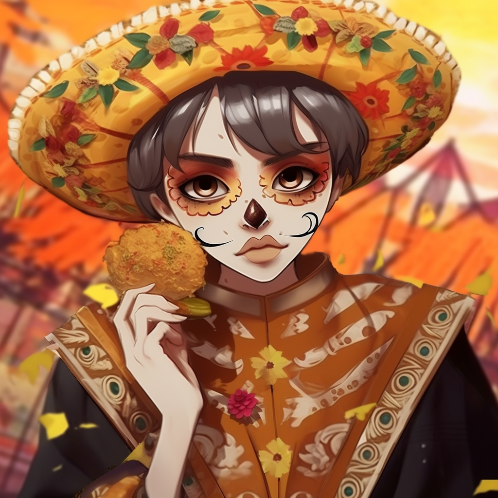 An anime interpretation of a Charro, detailed with traditional Mexican clothing and elegant linework. awesome mexican anime pfp concepts pfp for discord.
