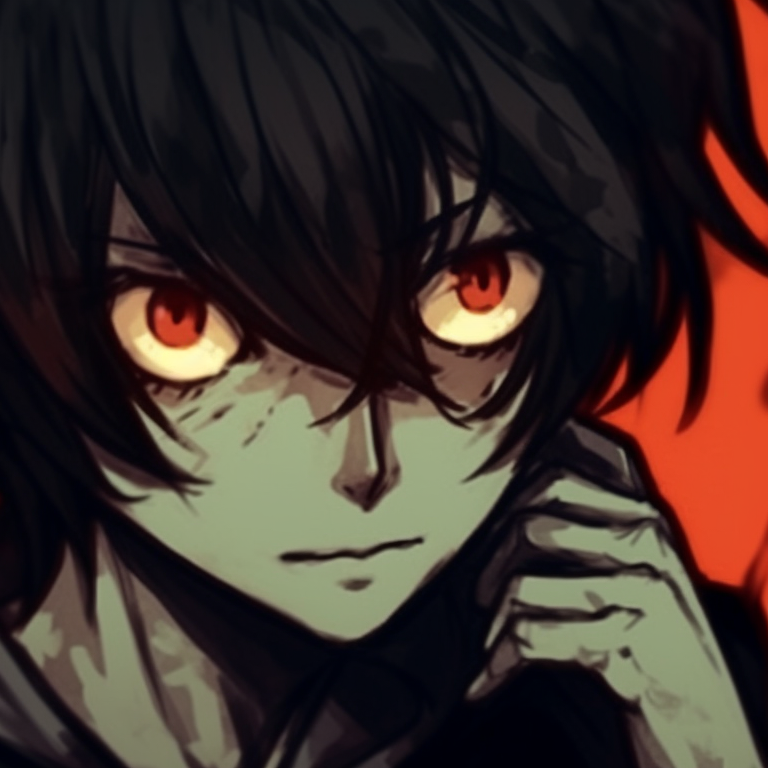 Two characters in translucent spectral form, eyes glowing in ominous red, set against a dark backdrop. death note matching pfp halloween theme: spooky edition pfp for discord.