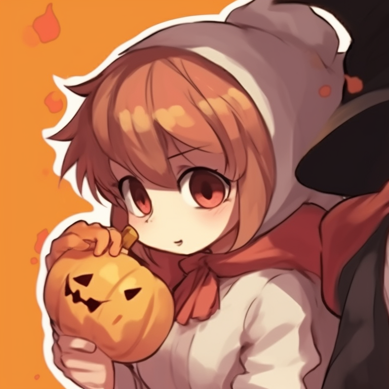 Two characters cheek-to-cheek, warm colors, wearing jack-o'-lantern themed outfits. unique halloween matching pfp pfp for discord.