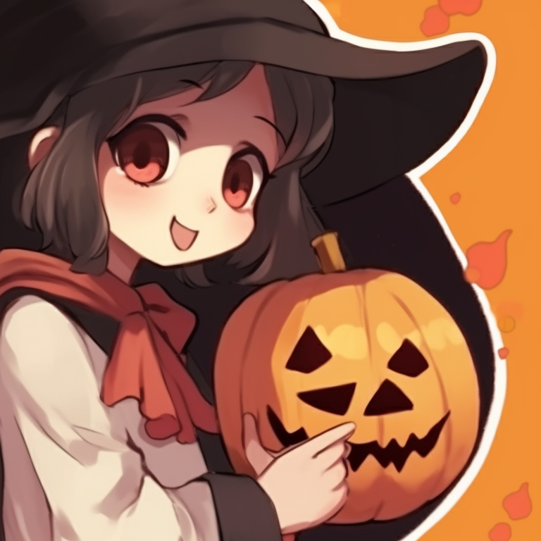 Two characters cheek-to-cheek, warm colors, wearing jack-o'-lantern themed outfits. unique halloween matching pfp pfp for discord.