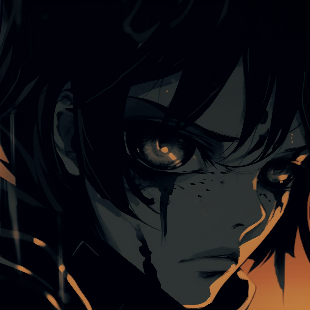 Close-up of a character's haunting eyes, high contrast with shadows. dark anime pfp stylesHD, free download