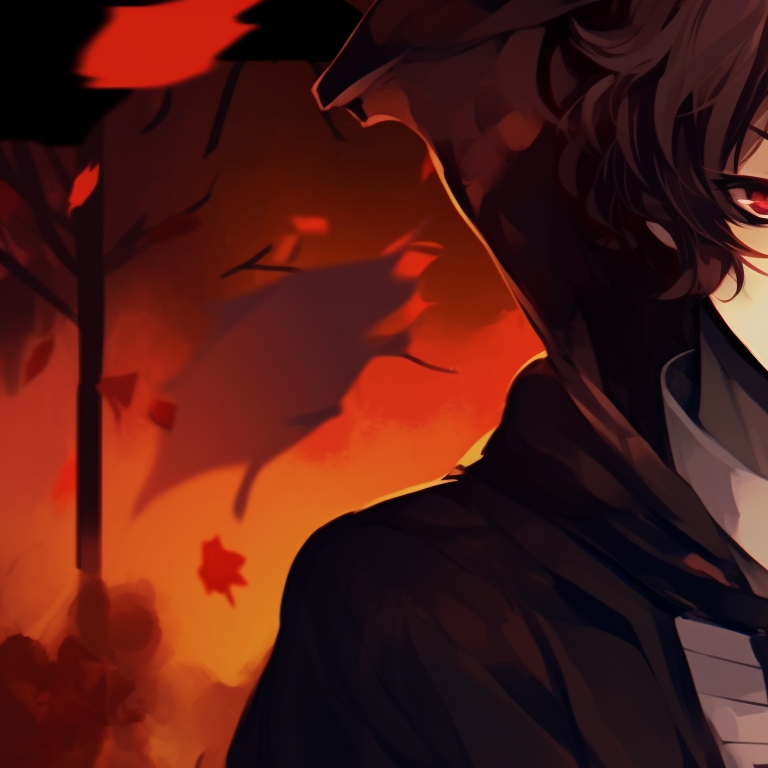 Dazai and Chuuya with glowing eyes and Halloween themed surroundings, high contrast and detailed artistry. osamu dazai halloween anime pfp pfp for discord.