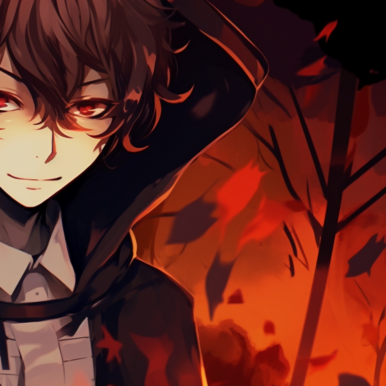 Dazai and Chuuya with glowing eyes and Halloween themed surroundings, high contrast and detailed artistry. osamu dazai halloween anime pfp pfp for discord.