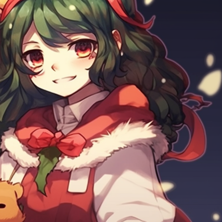 Two characters in candlelight, wearing Christmas inspired Demon Slayer outfits, fine embroidery on attire. matching christmas demon slayer pfp outfits pfp for discord.