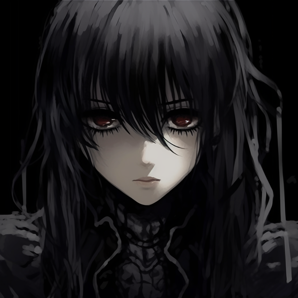 Enigmatic anime character with crimson eyes, sharp contrast to the overall muted tones. unforgettable gothic anime characters pfp