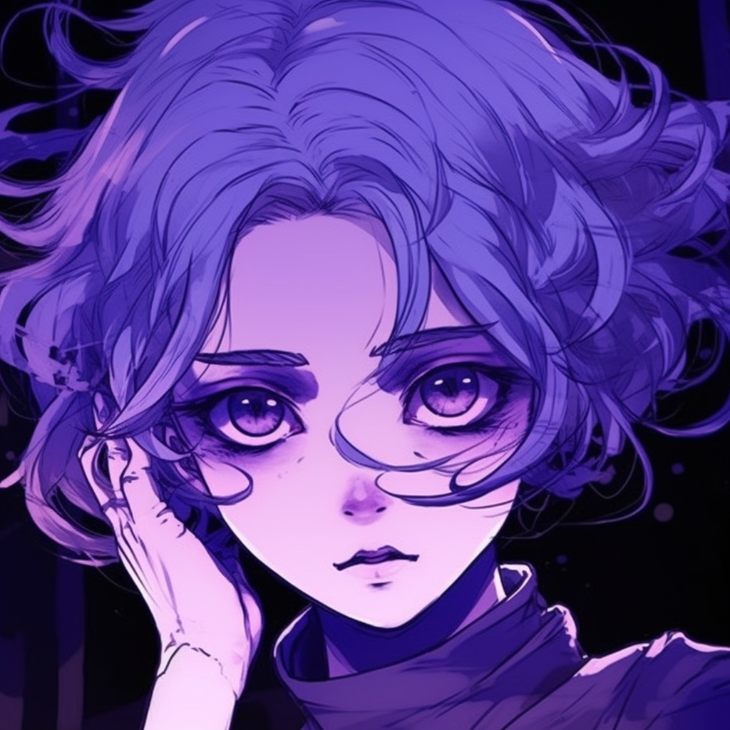 Anime protagonist pervaded by a soothing lavender tone, showcasing expressive eyes and delicate hair details. majestic anime purple pfp pfp for discord.
