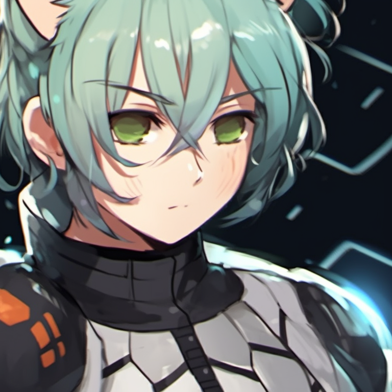 Three characters with mechanical details and sci-fi uniforms, futuristic background, sleek lines. anime inspired trio pfp matching pfp for discord.