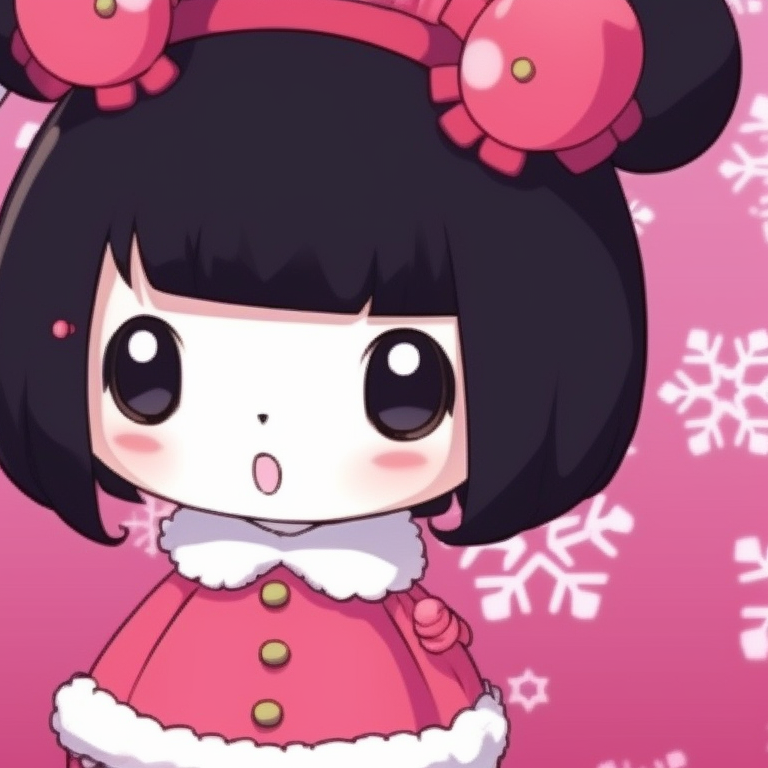 Close-up of My Melody and Kuromi, bold lines and expressive faces. charming my melody and kuromi matching christmas images pfp for discord.