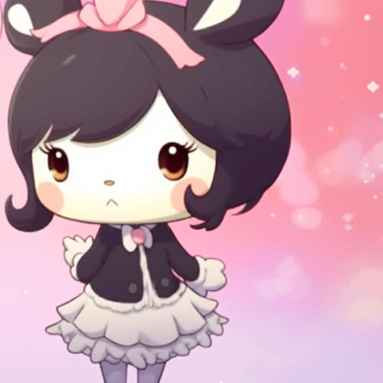 My Melody in pink and Kuromi in black, detailed attire, staring at each other playfully. perfect my melody and kuromi matching profile pictures pfp for discord.