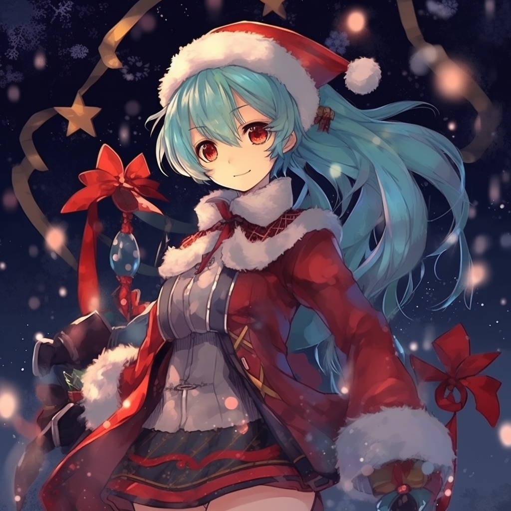 Miku Hatsune dressed in a Santa costume accentuated by rich shading. anime christmas theme pfp