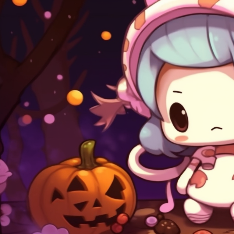 Close-up shot of two My Melody characters, with quirky Halloween costumes, colourful candies and Halloween decorations surrounding them. my melody matching pfp halloween theme diy pfp for discord.