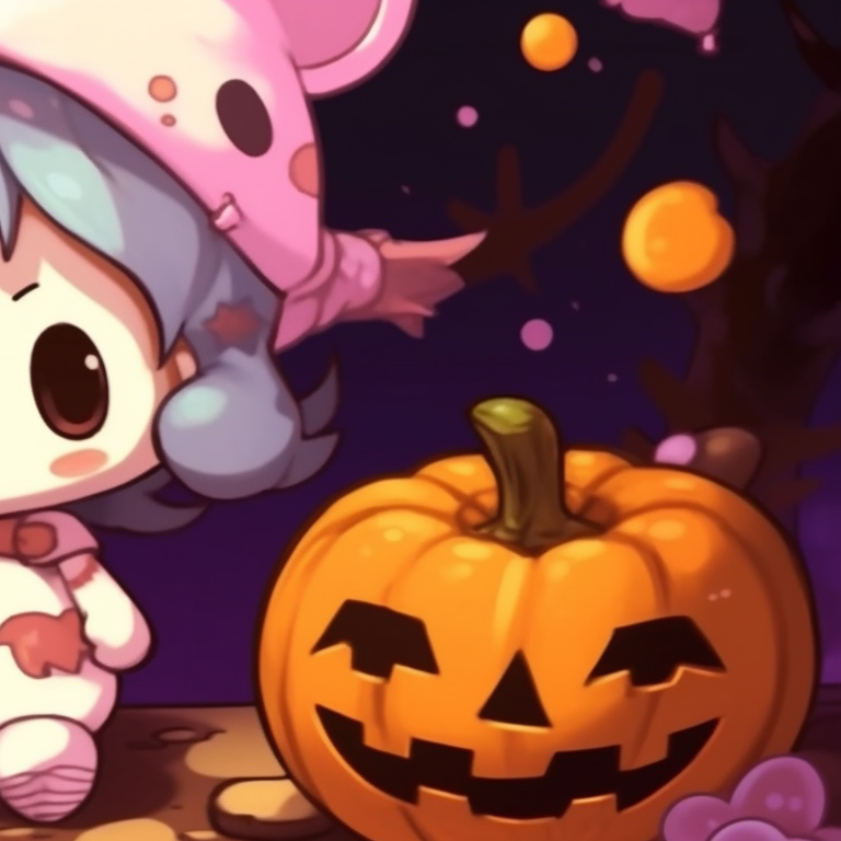 Close-up shot of two My Melody characters, with quirky Halloween costumes, colourful candies and Halloween decorations surrounding them. my melody matching pfp halloween theme diy pfp for discord.