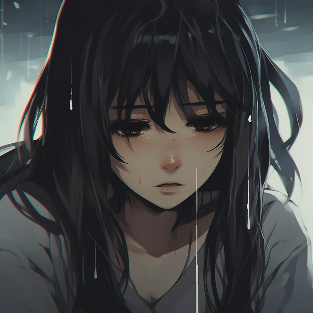 Anime girl crying, emotional expression and fine detail on teardrops. aesthetics depressed anime girl pfp pfp for discord.