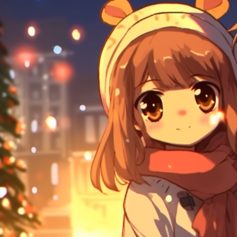 Two characters exchanging gifts, light orange tones with detailed Christmas decor. inspiring orange matching pfp for christmas pfp for discord.