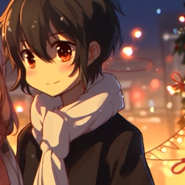 Two characters exchanging gifts, light orange tones with detailed Christmas decor. inspiring orange matching pfp for christmas pfp for discord.