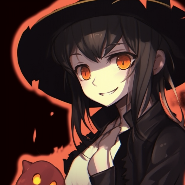 Two characters sharing an umbrella, draped in shadows and Halloween symbols animated halloween matching couple profile island pfp for discord.