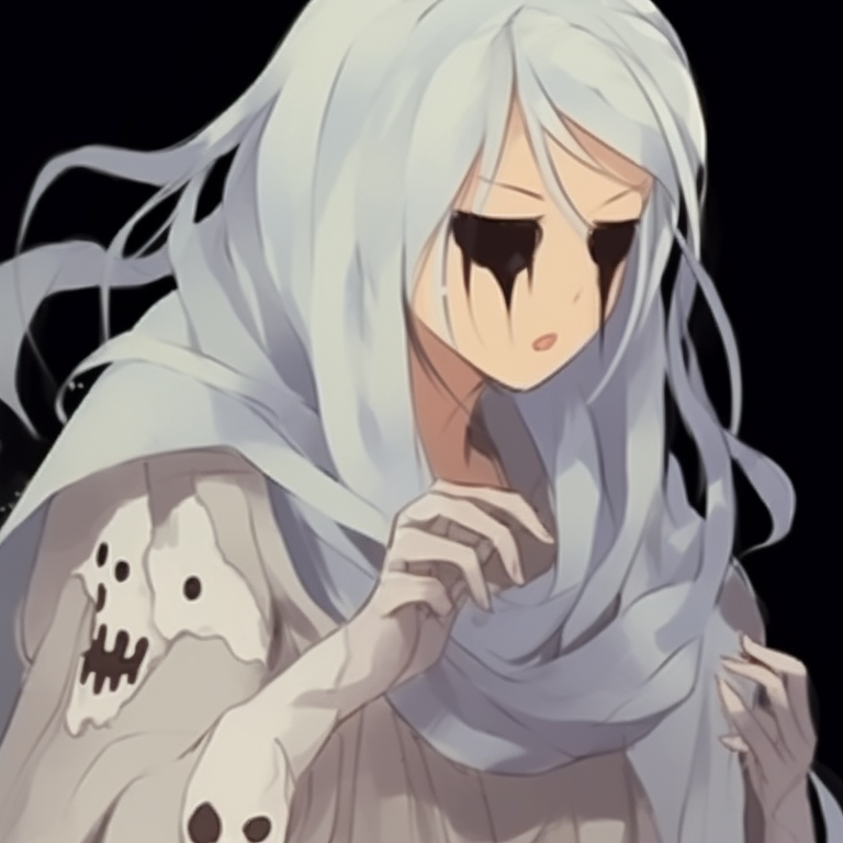 Two characters in hauntingly beautiful clothes, pastel shades and detailed embroidery, hands barely touching. halloween anime pfp designs pfp for discord.