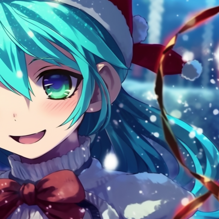 Identical characters in Christmas hats, soft shades and intricate designs. animated matching hatsune miku christmas pfp options pfp for discord.