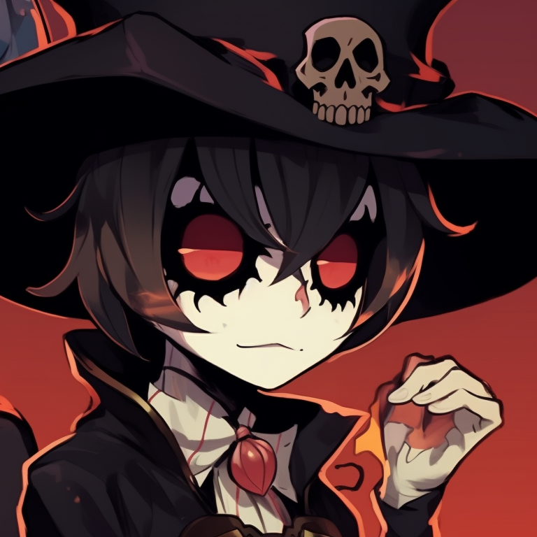 Close-up of two characters, featuring dark tones and sharp details, in eerie masks. halloween anime pfp designs pfp for discord.