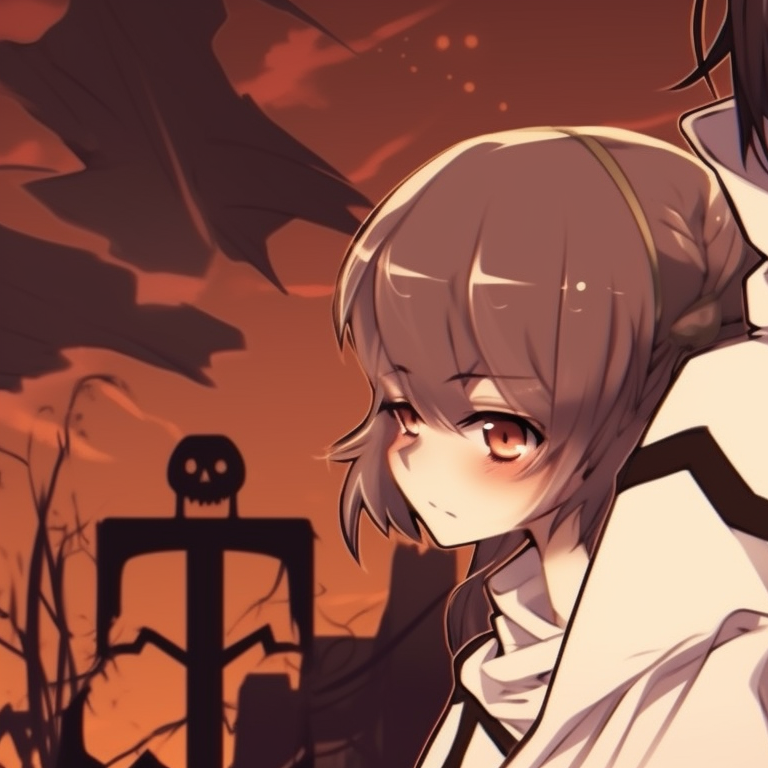 Two characters in matching mummy outfits, spooky graveyard in the background. anime halloween matching pfp themes pfp for discord.