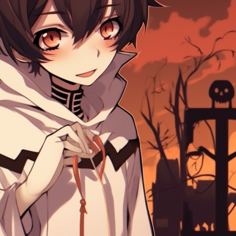 Two characters in matching mummy outfits, spooky graveyard in the background. anime halloween matching pfp themes pfp for discord.