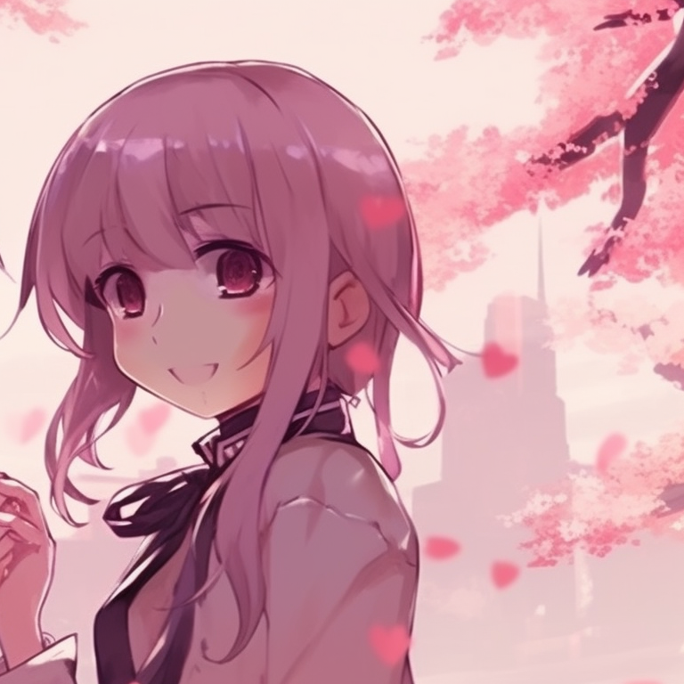 Two characters under cherry blossom tree, bright pink tones and playful expressions. perfect pfps for 2 anime-friends pfp for discord.