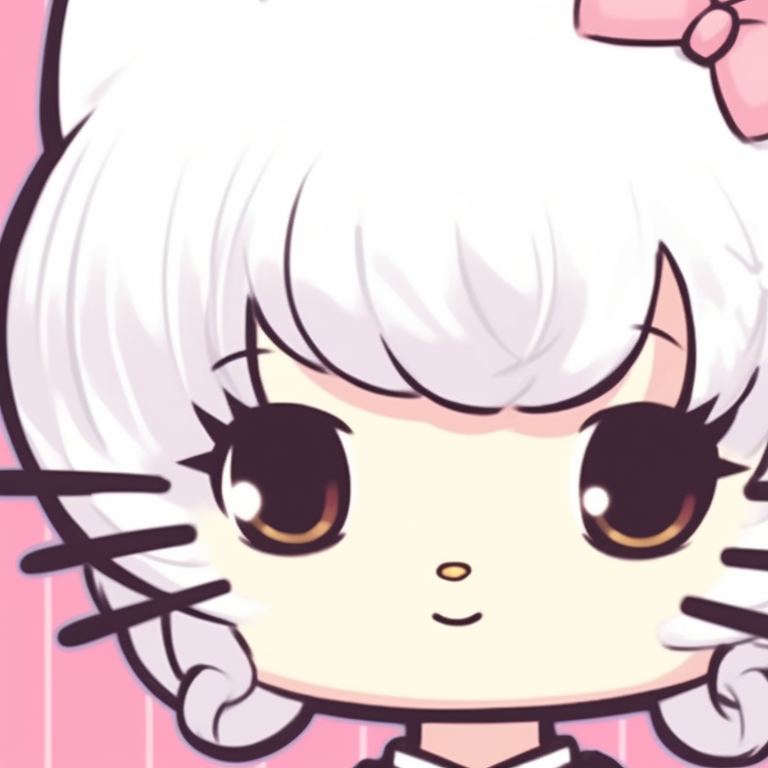 Two characters half facing each other, one in a Hello Kitty dress the other in a Hello Kitty sweater, detailed clothing and sweet glances. hello kitty pfp matching boys and girls pfp for discord.