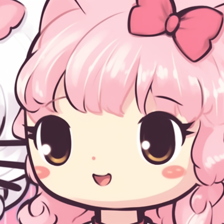 Two characters half facing each other, one in a Hello Kitty dress the other in a Hello Kitty sweater, detailed clothing and sweet glances. hello kitty pfp matching boys and girls pfp for discord.