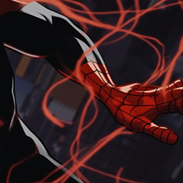 Two characters connected by a web, bold lines and stark contrast, highlighting their shared destiny. symbiote spiderman matching pfp pfp for discord.