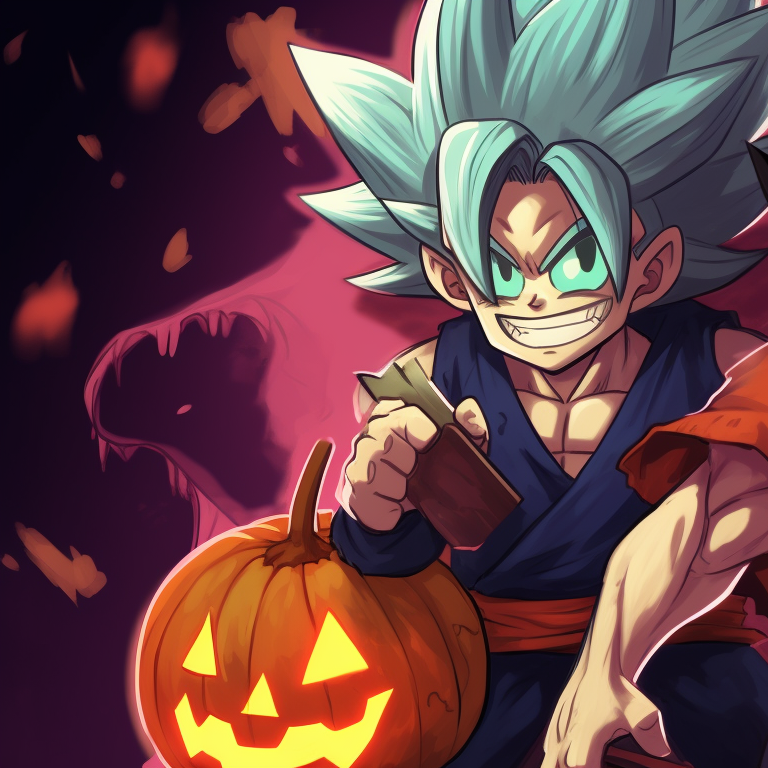 Goku and Vegeta donning witch-like attire, striking poses with a spooky background, detailed with fine soft lines and deep shades. goku and vegeta dragon ball halloween theme pfp pfp for discord.