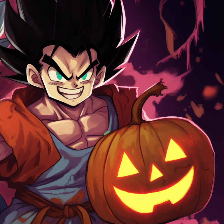 Goku and Vegeta donning witch-like attire, striking poses with a spooky background, detailed with fine soft lines and deep shades. goku and vegeta dragon ball halloween theme pfp pfp for discord.