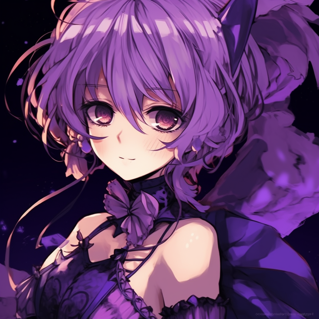 Anime alien character with purple skin, unique design and bioluminescent details. purple anime character pfps pfp for discord.