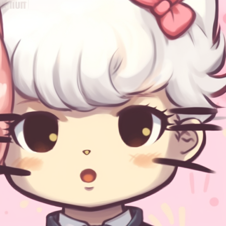 Two characters in matching Hello Kitty t-shirts, interacting playfully and broad smiles. hello kitty pfp matching styles pfp for discord.