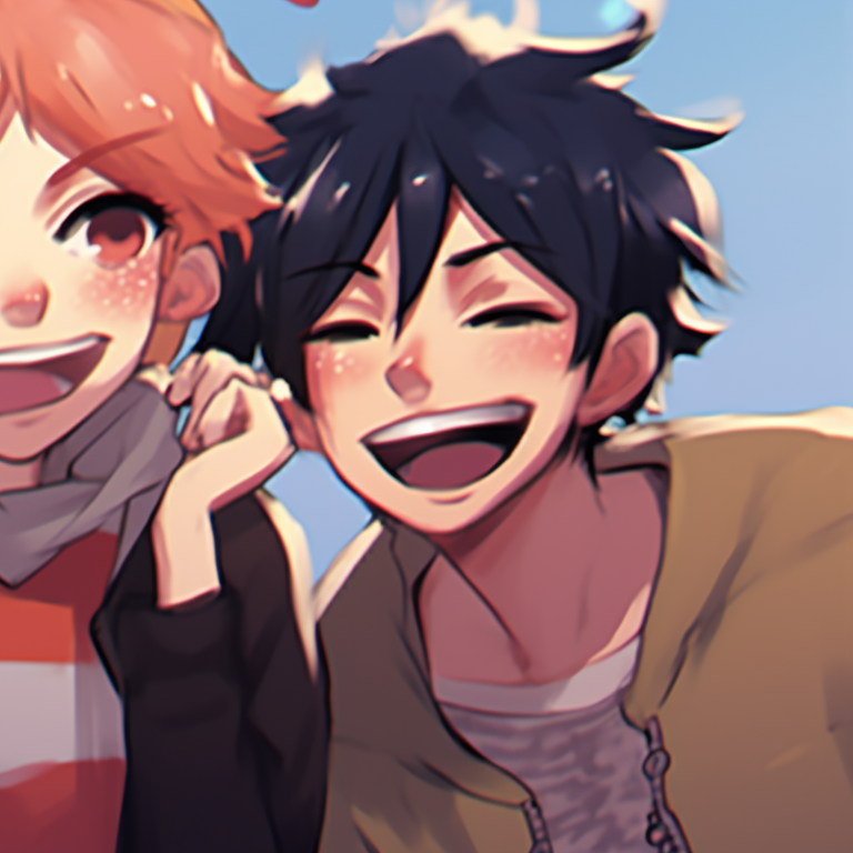 Three characters sharing a laughter, vibrant colors and informal outfits. trio pfp matching beyond anime pfp for discord.