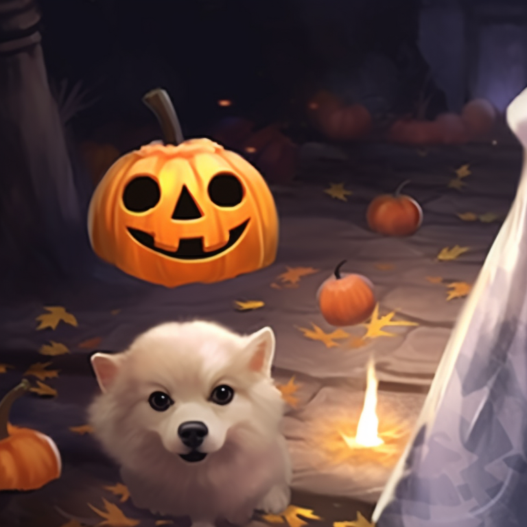 Two furred friends, their masks lifted, laughing, against a backdrop of bold, spooky night. charming dogs matching pfp halloween theme pfp for discord.