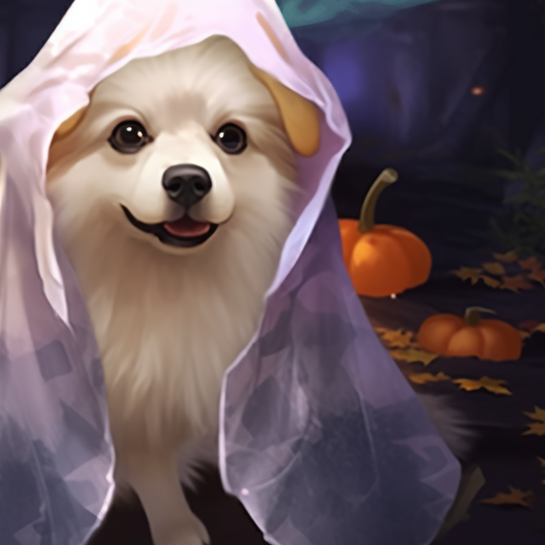 Two furred friends, their masks lifted, laughing, against a backdrop of bold, spooky night. charming dogs matching pfp halloween theme pfp for discord.