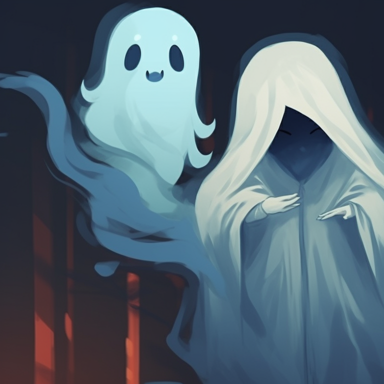 Two characters as spooky ghosts, their hands reaching for each other, in an obscure, foggy atmosphere. importance of ghost matching pfp in halloween theme pfp for discord.