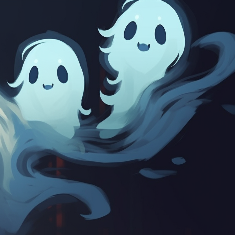 Two characters as spooky ghosts, their hands reaching for each other, in an obscure, foggy atmosphere. importance of ghost matching pfp in halloween theme pfp for discord.