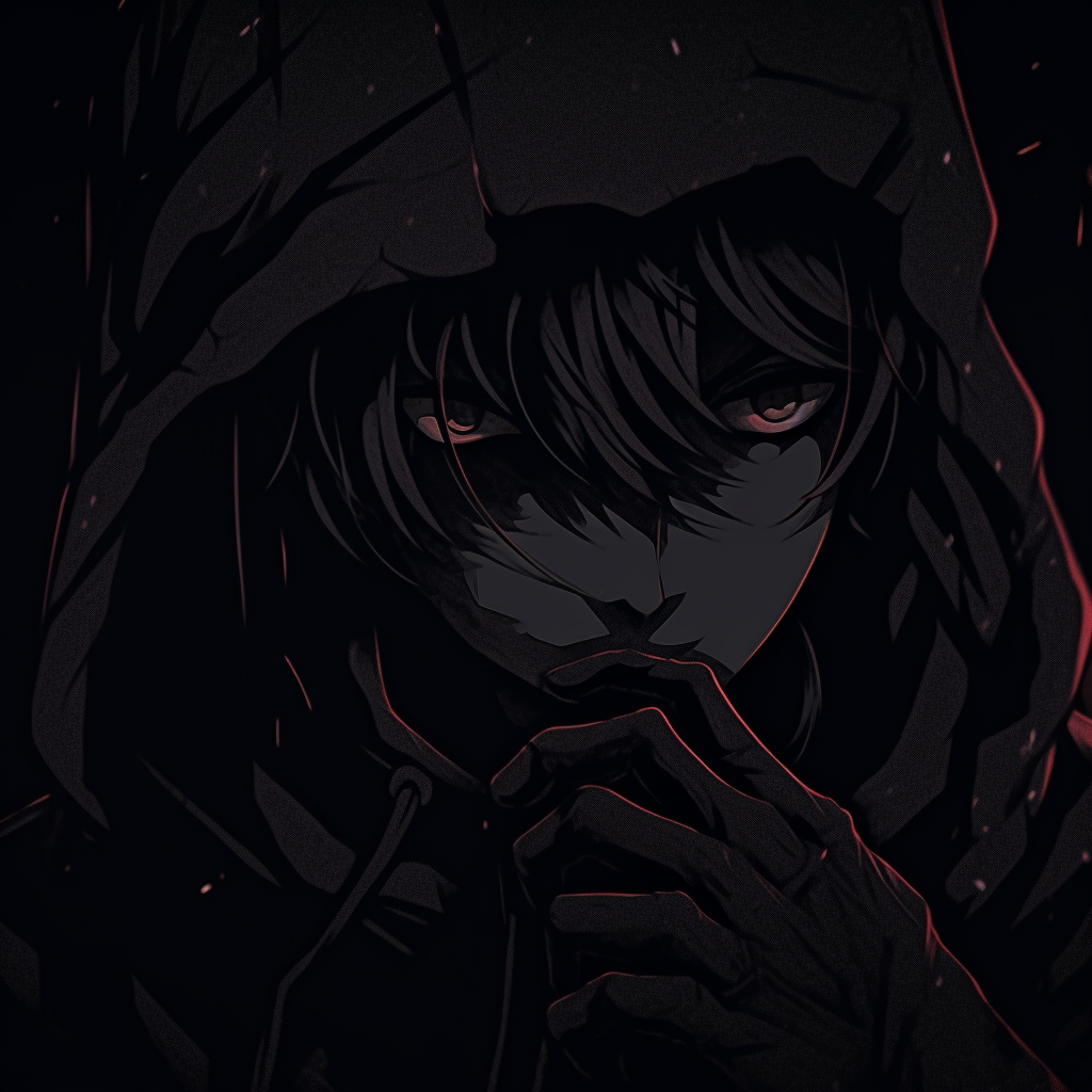 Depicts a hidden warrior enshrouded in the night, with dark hues and a focus on shadowy elements. anime pfp in darkness theme pfp for discord.