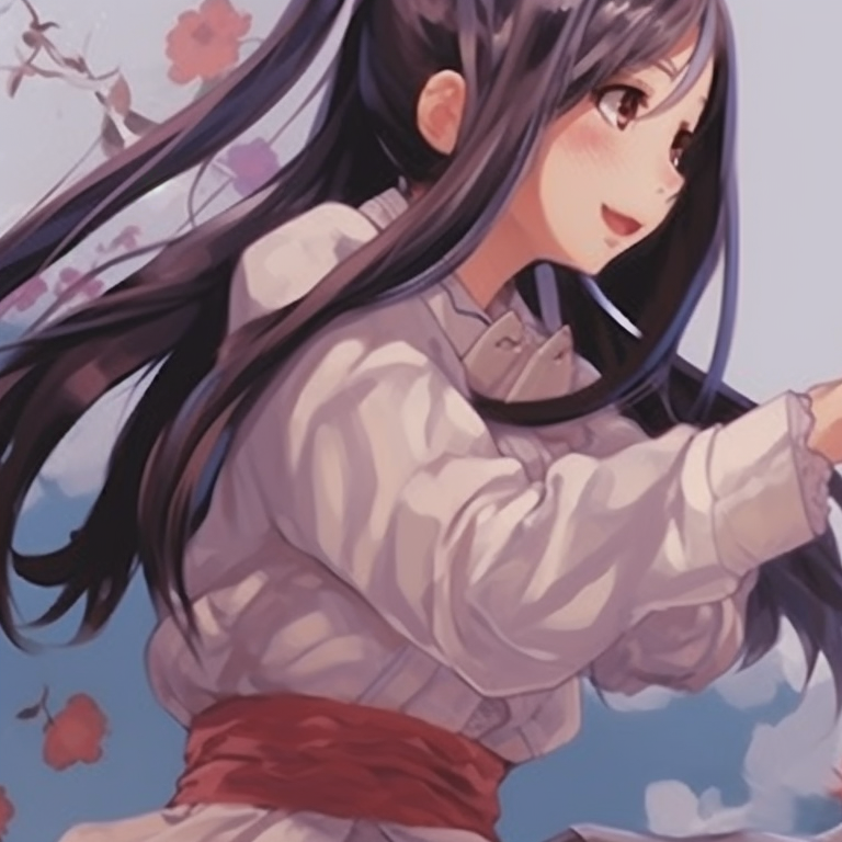 Two characters in traditional outfits, dense, floral background, sipping tea together. anime best friends matching pfp concepts pfp for discord.