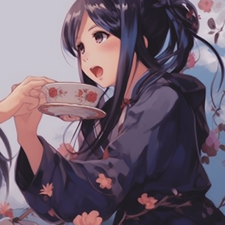Two characters in traditional outfits, dense, floral background, sipping tea together. anime best friends matching pfp concepts pfp for discord.