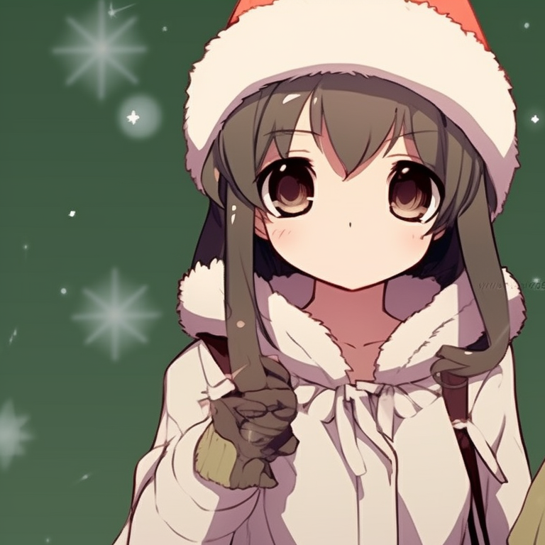 Two anime characters with simplistic art style in cozy winter clothing, shades of white and green. minimalistic matching christmas pfp 2021 pfp for discord.