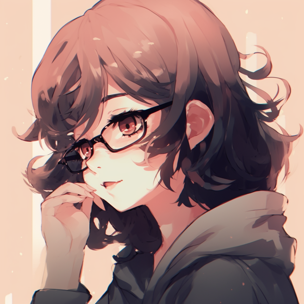 Close-up of an anime girl with glasses showing her glossy eyes, detailed linework and softer hues. anime pfp aesthetic icons anime pfp