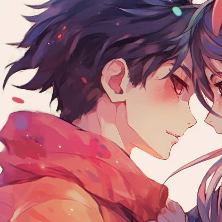 Two characters sharing a playful moment, vibrant colors and dynamic poses. manga themed couple pfp matching pfp for discord.
