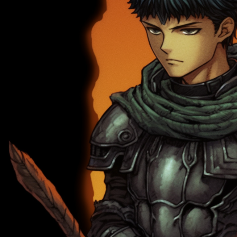 Close-up of orange pumpkin and Casca in pumpkin themed outfits, expressive eyes and vivid colors berserk characters in halloween outfits pfps pfp for discord.